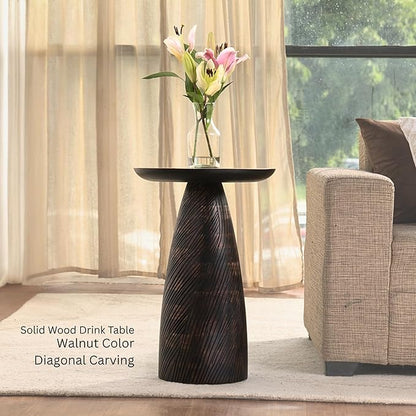 Mid-Century Farmhouse Cottagecore Accent Drink Table, Round Solid Mango Wood Accent Table with Carved Cone Base Minimalist Design for Small Spaces, Living Room, Bedroom or Entryway, Walnut, Assembled