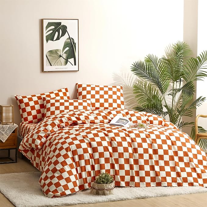 CLOTHKNOW Rust Beige Plaid Twin/Twin XL Comforter Set 3Pcs Grid Bedding Comforter Sets Soft All Season Checker Comforter with 2 x Pillow Cases