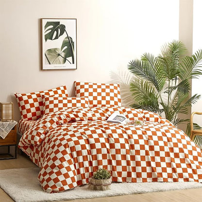 CLOTHKNOW Rust Beige Plaid Twin/Twin XL Comforter Set 3Pcs Grid Bedding Comforter Sets Soft All Season Checker Comforter with 2 x Pillow Cases