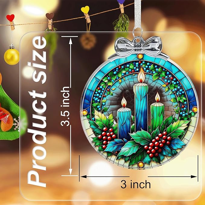Christmas Candle Stained Glass Ornament - Hanging Ornaments for Christmas Tree, Christmas Ornaments Xmas Decorations, Holiday Keepsake Present Exchange Ideas