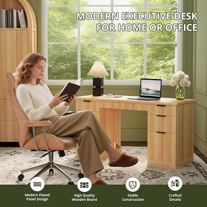 FURSUN 58" Fluted Modern Desk with Storage, Home Office Desk with 1 File Cabinet & 5 Drawers, Wood Executive Computer Writing Desk for Study, Living Room, Bedroom, Natural Oak