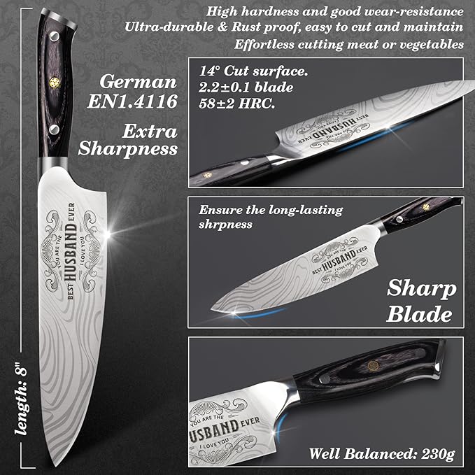 Anniversary Men Gifts for Him Husband, 8 inch Professional German Stainless Steel Chef Knife, Engraved Best Husband Ever Knife Gift, Christmas Anniversary Birthday Gifts for Men Husband