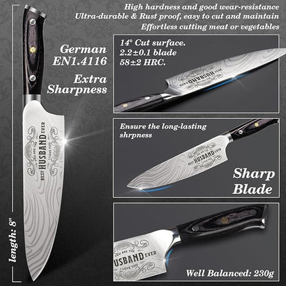 Gifts for Men Him Husband, 8 inch Professional German 1.4116 Chef Knife, Engraved Best Husband Ever Knife Gift, Anniversary Birthday Gift for Men, Christmas Fathers Days Husband Gifts