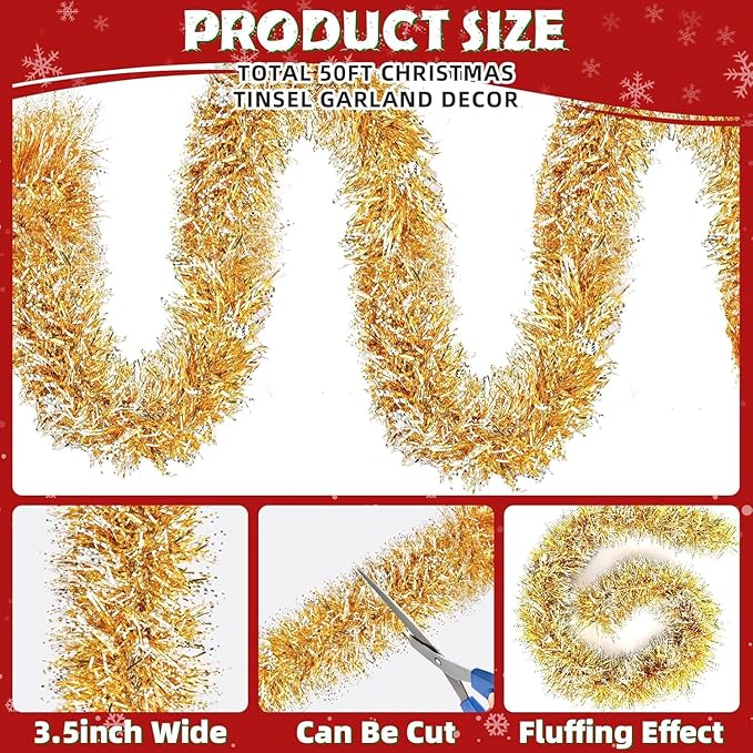 Lush Christmas Tinsel Garland, Gold & White Radiant Metallic Twist Streamers for Holiday Decor, Plush & Full Xmas Tree Garland for an Elegant Festive Atmosphere, Indoor & Outdoor Party Supplies