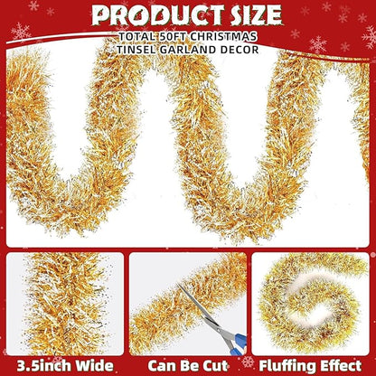 Lush Christmas Tinsel Garland, Gold & White Radiant Metallic Twist Streamers for Holiday Decor, Plush & Full Xmas Tree Garland for an Elegant Festive Atmosphere, Indoor & Outdoor Party Supplies