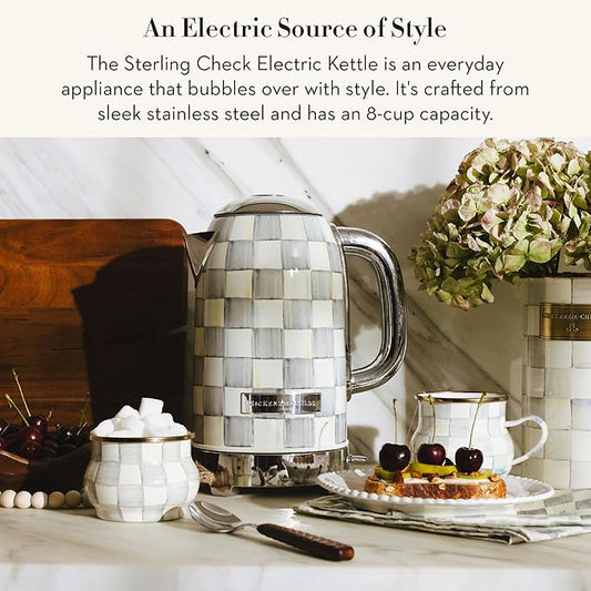 MACKENZIE-CHILDS Electric Kettle, Stainless-Steel Appliances Kettle, Gray-and-White Sterling Check