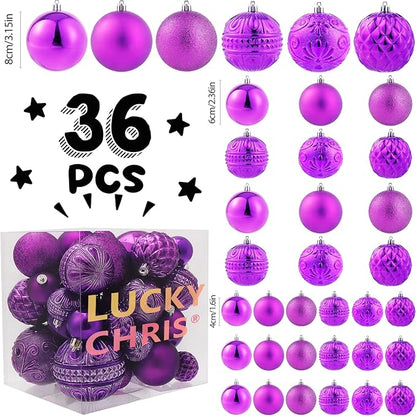 Purple Christmas Ball Ornaments Christmas Tree Decorations with Hang Rope-36pcs Shatterproof Christmas Ornaments Set with 6 Styles in 3 Sizes(Small Medium Large)