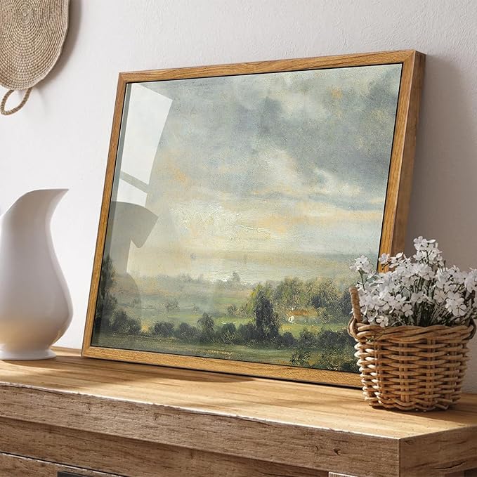 KBKBART Framed Framed Vintage Landscape Wall Art Prints, Retro Green Forest Valley Nature Wilderness Illustrations Canvas Painting, Farmhouse Decor Wall Art Ready To Hang for Bedroom, Living Room,