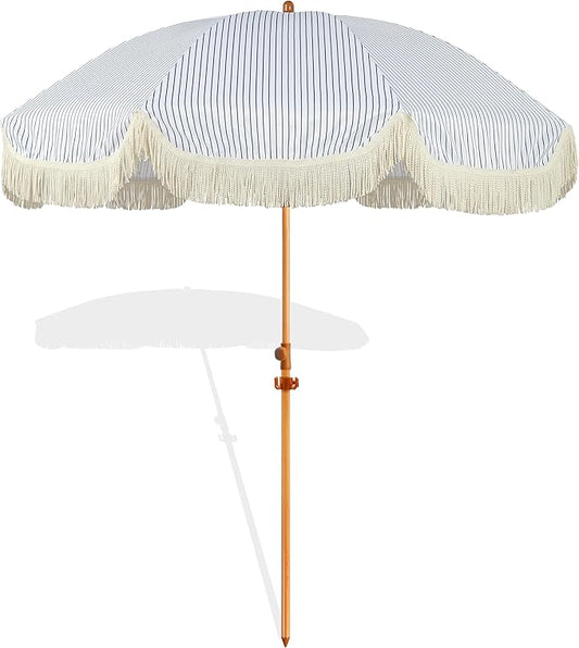 7.5ft Patio Umbrella with Fringe, Beach Umbrella, Fringe Umbrella Outdoor Patio with Hanging Hook, Tilting Aluminum Pole, UV 50+, Fiberglass Ribs, Blue White Stripe