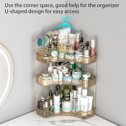 Corner Bathroom Counter Organizer with Top Toothbrush Holders, 3-Tier Make Up Organizers for Vanity with Brush Holder, Corner Storage for Bathroom, Kitchen, Dresser