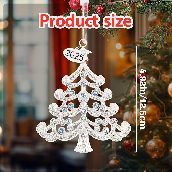 2025 Metal Christmas Tree Ornament Decorations 5" with Iridescent Crystals & 2025 Dated Engraved for Keepsake Gifts Holiday Home Party Decor