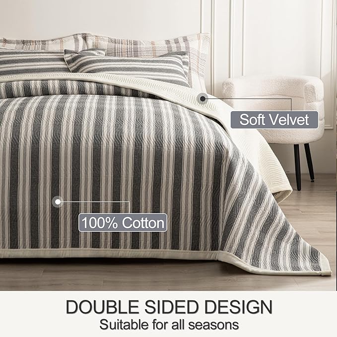 Cotton Striped Quilt Set King 3 Piece Lightweight Reversible Bedding, Stripe Grey White