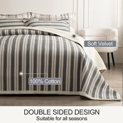 Cotton Striped Quilt Set King 3 Piece Lightweight Reversible Bedding, Stripe Grey White
