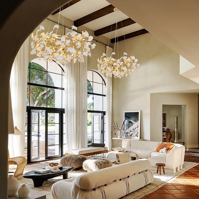 Modern Gold and White Tree Branches Chandeliers for Living Room, 48''Modern Rounde Ceramic Ginkgo Leaf Chandelier, Dining Room Chandelier Over Table, for Foyer, Bathroom, Bedroom