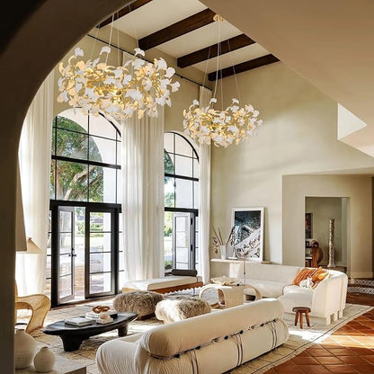 Modern Gold and White Tree Branches Chandeliers for Living Room, 48''Modern Rounde Ceramic Ginkgo Leaf Chandelier, Dining Room Chandelier Over Table, for Foyer, Bathroom, Bedroom