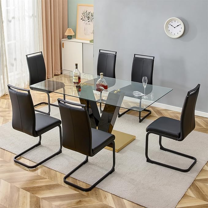 Glass Dining Table Set for 6, 71" Dining Table Set for 6, Dining Room Table Set for 6, Glass Tabletop and MDF Base