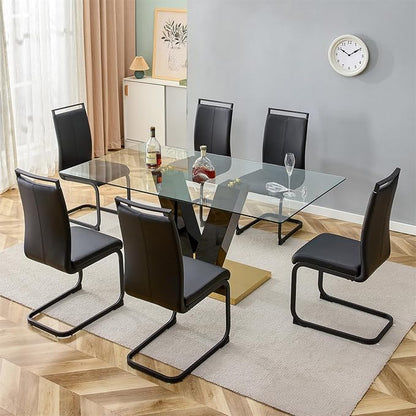 Glass Dining Table Set for 6, 71" Dining Table Set for 6, Dining Room Table Set for 6, Glass Tabletop and MDF Base