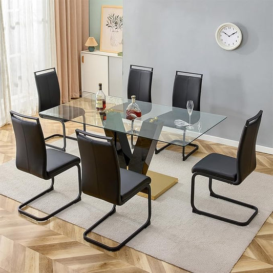 Glass Dining Table Set for 6, 71" Dining Table Set for 6, Dining Room Table Set for 6, Glass Tabletop and MDF Base