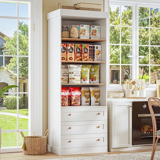 Vyre 71" Tall Farmhouse Bookshelves with Glass Doors and Drawers, Set of 2 – Large Modular Bookcase with Adjustable Shelves, Storage Cabinet for Living Room, Kitchen, White