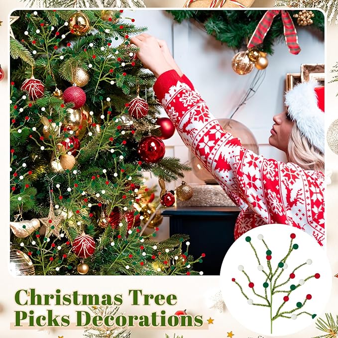 Soulchen 12 Pcs 16 Inch Christmas Pom Poms Picks Felt Tree Decorations Artificial Red White Green Christmas Ornaments Fake Berry Twig Spray Branches Decor for Holiday Xmas Tree Home Vase DIY Crafts