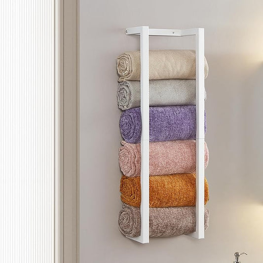 Towel Rack for Rolled Towels, Towel Rack for Bathroom,Wall Mounted Metal Bathroom Organizer, Bath Towel Holder Wall for Modern Small Space Bathroom Towel Storage (White)