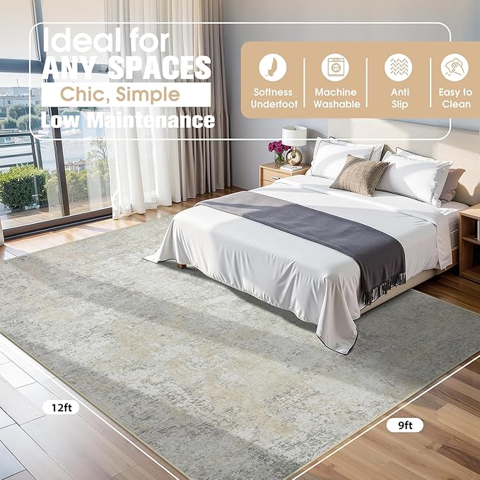 9x12 Area Rugs for Living Room Rug Washable: Abstract Large Rug for Dining Room Bedroom Carpet Non Slip 9 by 12 Indoor Modern Nursery Home Office Beige Grey