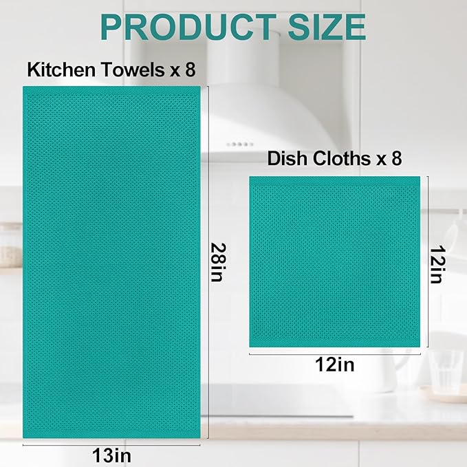 Homaxy 100% Cotton Kitchen Towels and Dishcloths Set, 12 x 12 Inches and 13 x 28 Inches, Set of 16 Bulk Kitchen Towels Set, Ultra Soft Absorbent Dish Cloths for Washing Dishes, Teal