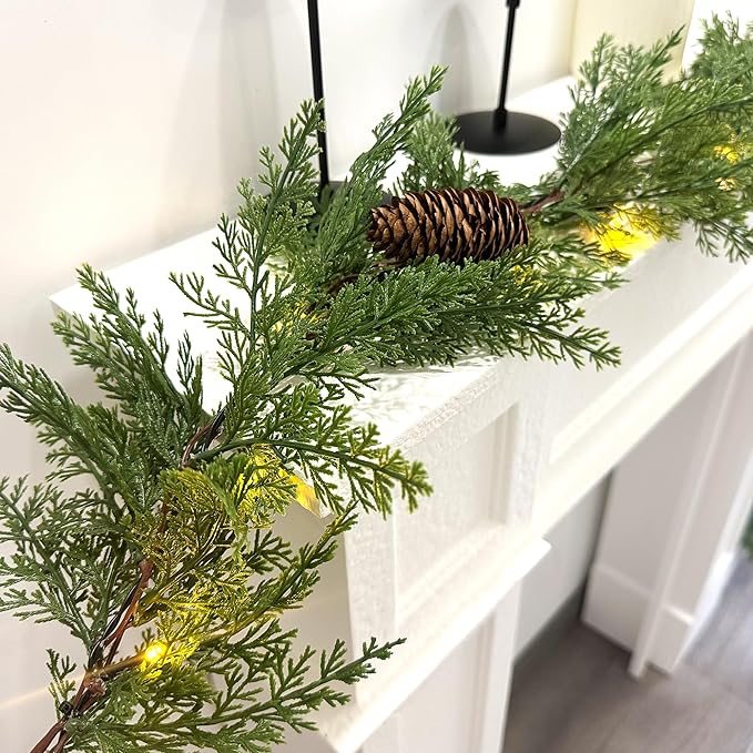 6 FT Christmas Garland with Lights, Battery Operated Pre-Lit Pine Cone Greenery, 20 Warm LEDs Artificial Xmas Decor with Timer, Holiday Decoration for Indoor Mantel Staircase Doorway Window