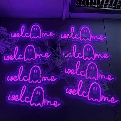 Welcome Ghouls Neon Sign, Spooky Ghost LED Halloween Decor, Haunted House Entryway Light, Available Gothic Haunted Mansion Light for Bedroom Bar Cave Room Decor Party Home-Purple