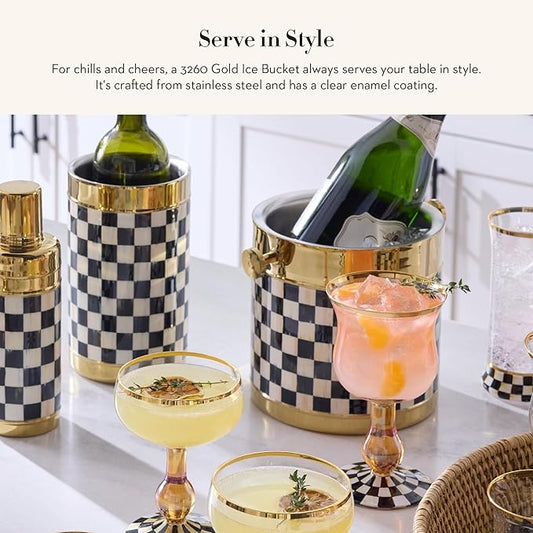 MACKENZIE-CHILDS 3260 Ice Bucket, Decorative Stainless-Steel Bucket and Ice-Cube Bin, Black-and-White Courtly Check Gold