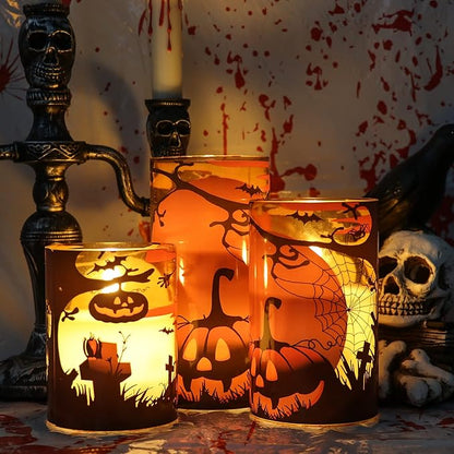 Eldnacele Halloween Flameless Candles with Remote Pumpkin, Spider Web Decal and Castle Decals Battery Operated Real Wax Flickering Glass Pillar Candle for Spooky Halloween Decor 3 Pack