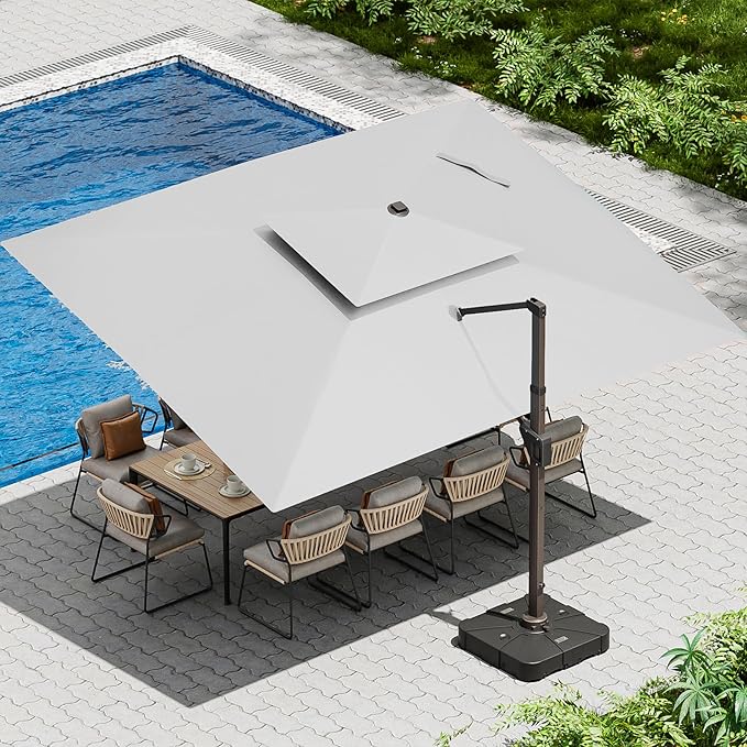 10 X 13 FT Cantilever Patio Umbrella with Base Included Outdoor Heavy Duty Double Top Windproof Rectangle Offset Umbrellas with 360-degree Rotation for Pool Deck Backyard, Foggy Grey