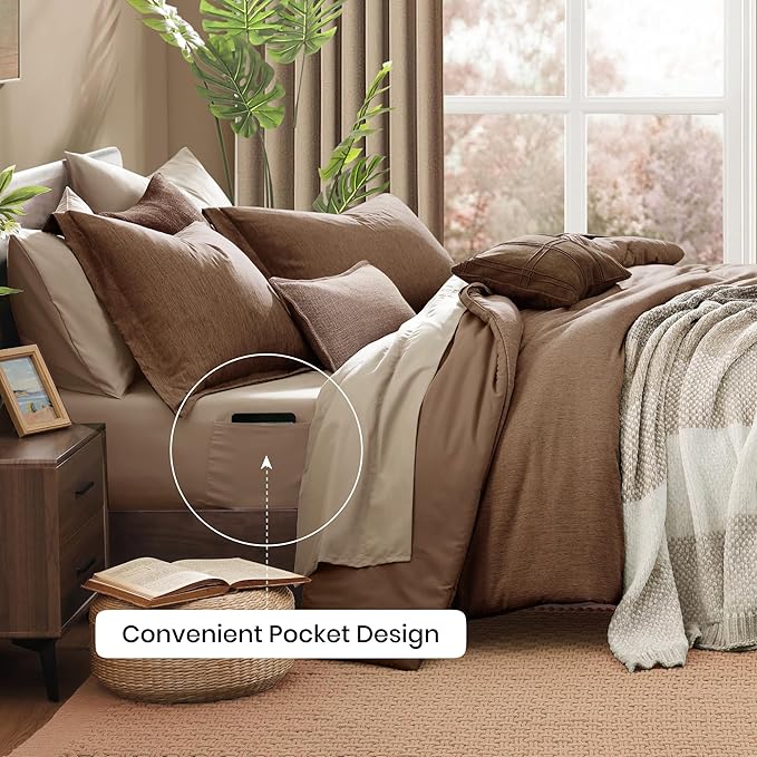 Monbix Queen Comforter Set - 7 Pieces Cationic Dyeing Brown Bed in a Bag Queen Bedding Sets with Comforter, Sheets, Pillowcases & Shams, Reversible Bedding Comforters Sets