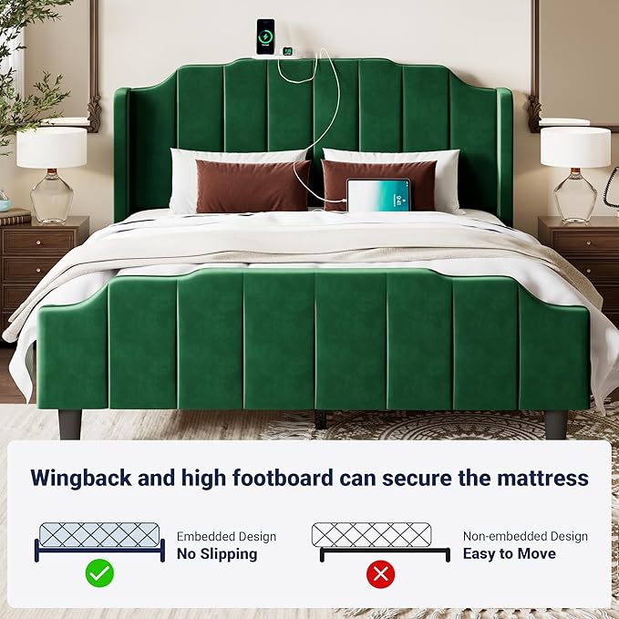 Allewie Vintage Full Size Velvet Platform Bed Frame with Curved Vertical Tufted Wingback Headboard and Footboard, Charging Station, Easy Assembly, Under Bed Storage, No Box Spring Required, Green