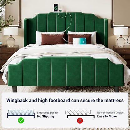 Allewie Vintage Queen Size Velvet Platform Bed Frame with Curved Vertical Tufted Wingback Headboard and Footboard, Charging Station, Easy Assembly, Under Bed Storage, No Box Spring Required, Green