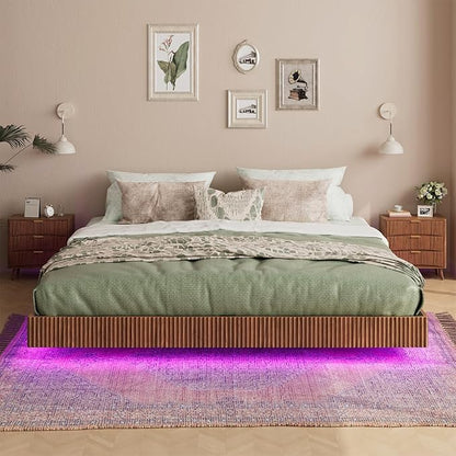 Evermagin Walnut King Floating Bed Frame with led Lights, Mid Century Modern Fluted Floating Platform Bed No Headboard, Heavy Duty Metal Float Bedframe, No Box Spring Needed