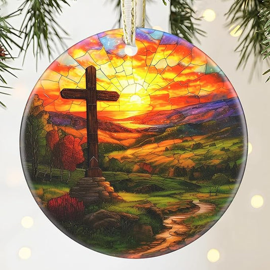 Cross 3.5 Inch Ceramic Christmas Hanging Ornament - Cross Ornament for Christmas Tree, Gift Exchange or Holiday Presents