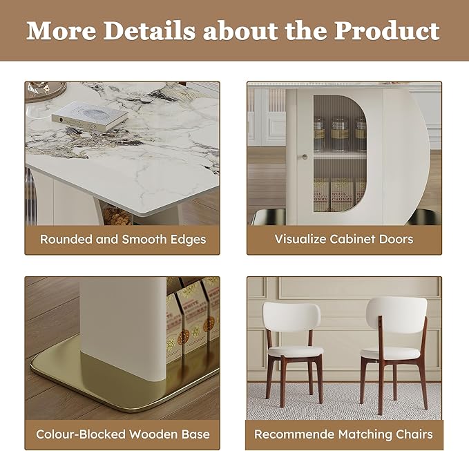 Montary 63" Modern 4-6 Person Dining Table with Storage Cabinet, Artificial Marble Dining Table with Sintered Stone Tabletop & Golden Solid Wood Base, Includes 4 Cream PU Chairs for Kitchen