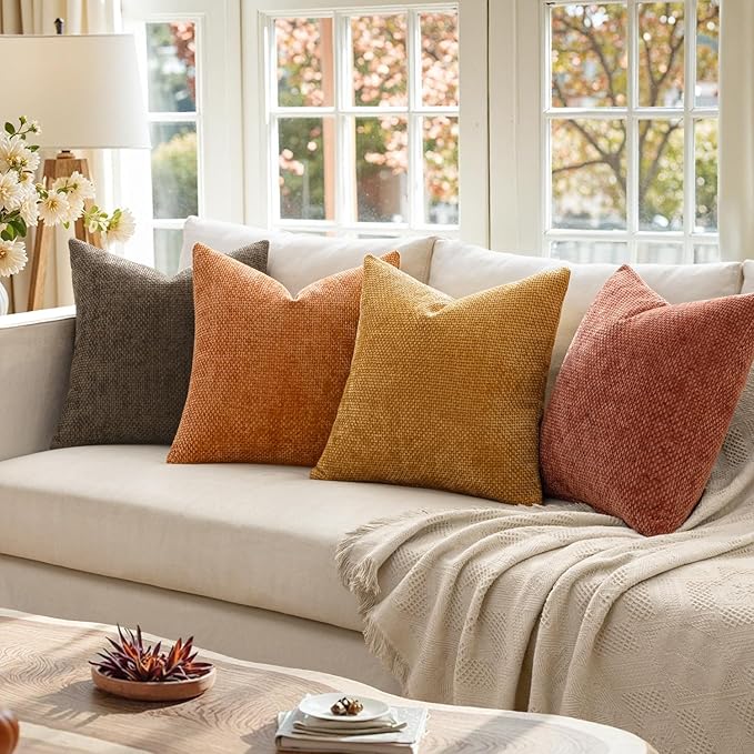 MIULEE Pack of 4 Fall Orange/Yellow Throw Pillow Covers 20x20 Inch Halloween Soft Decorative Chenille Pillows Farmhouse Accent Cushions for Boho Home Decor Spring Bedroom Living Room