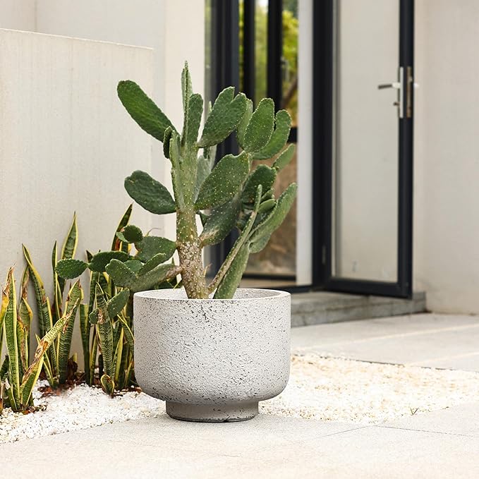 LuxenHome 12-Inch Dia Round Concrete Planters, Outdoor Indoor Decorative Plant Pots with Drainage Holes and Rubber Plug, Rustic Distressed Speckled Gray Flower Pot Planters for Home Garden Patio