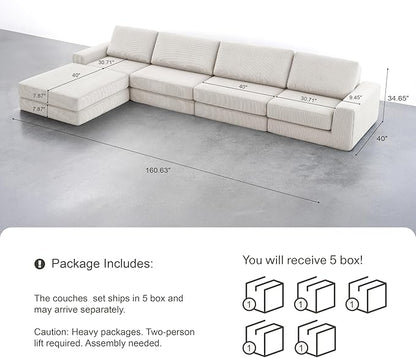 160.63‘’ Boneless Couch Cloud Modular Sectional Couches for Living Room, Oversize L-Shape Sofa with Deep Seat, Plush Corduroy 4-Seater with Ottoman, No Assembly Required