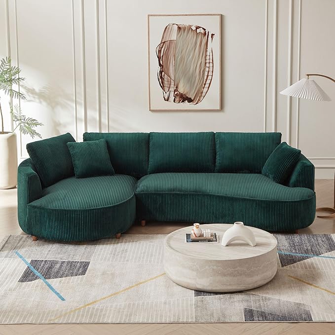 WILLIAMSPACE 122" Modern Curved Sofa, Upholstery Oversized Cloud Sofa With Chaise & Pillows, Left Hand Facing Sectional for Living Room (Left-Facing, Green Corduroy)