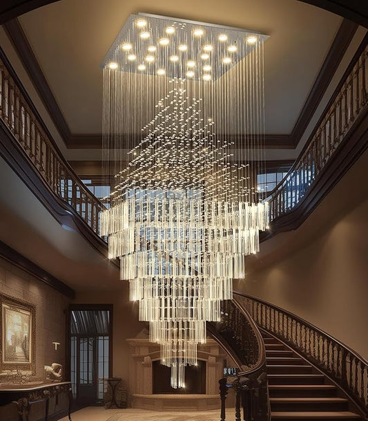 W47 x H120 Luxury Crystal Chandelier with LED Bulbs Glam Raindrop High Ceiling Square Light Chandeliers for Entrance Large Villa Foyer Living Room Lighting Fixtures Silver