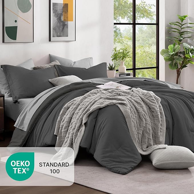 Monbix Full Size Comforter Set, Dark Grey Bedding Comforter for Full Size Bed Set Reversible, Bedding Sets Full 7 Pieces, Cationic Dyeing Bed in a Bag with Comforter, Sheets, Pillowcases & Shams