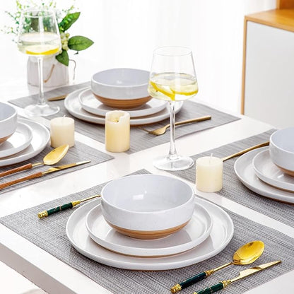 AmorArc Ceramic Dinnerware Sets for 6, 18 Pieces Handpainted Plates and Bowls Set with Rustic Terracotta Underside, Scratch Resistant Stoneware Dishes Set, Dishwasher & Microwave Safe, White