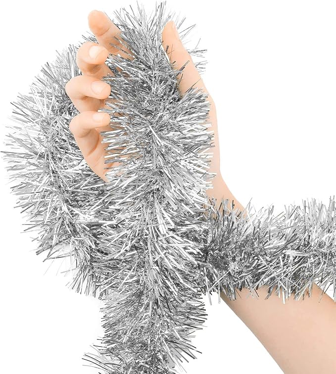 WILLBOND 50 ft Christmas Tinsel Garland Metallic Tinsel Twist Garland Christmas Tree Decorations New Year Wedding Birthday Hanging Decorations Party Supplies, 3 Inch(Silver)