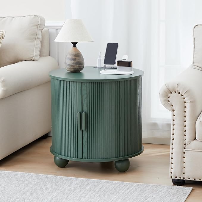 24" Vintage End Table, Nightstands Set of 2, Mid-Century Fluted End Table with Charging Station, Wood Side Table with Storage & Sliding Door for Sofa, Couch, Bed (Round, Green)