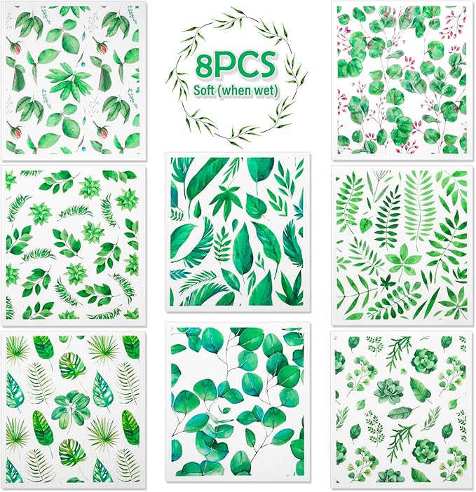 Lucomb Swedish Dish Cloths 8 Pack Washable Reusable Cleaning Kitchen Sponge Dishcloths Fast Drying Plants Print