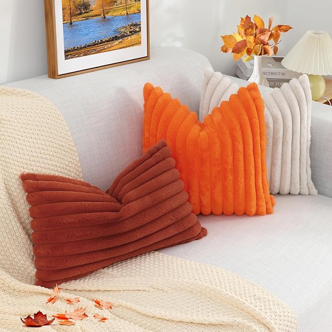 decorUhome Faux Fur Fall Throw Pillow Covers 20x20 Set of 2, Decorative Soft Plush Striped Neutral Euro Pillow Covers with Velvet Back for Bed, Living Room Home Decor, Rust