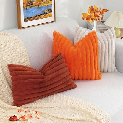 decorUhome Faux Fur Fall Throw Pillow Covers 20x20 Set of 2, Decorative Soft Plush Striped Neutral Euro Pillow Covers with Velvet Back for Bed, Living Room Home Decor, Rust
